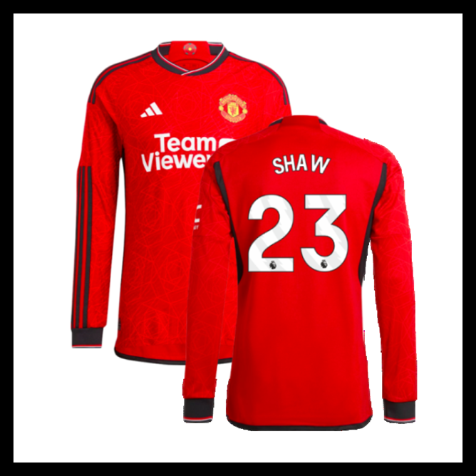 Billige Fodboldtrøjer Manchester United 2023-2024 SHAW #23 Lange ærmer Hjemmebanetrøje
