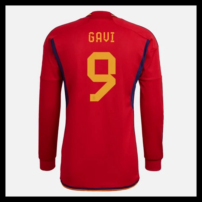 Billige Fodboldtrøjer Spanien VM I Fodbold 2022 GAVI #9 Lange ærmer Hjemmebanetrøje