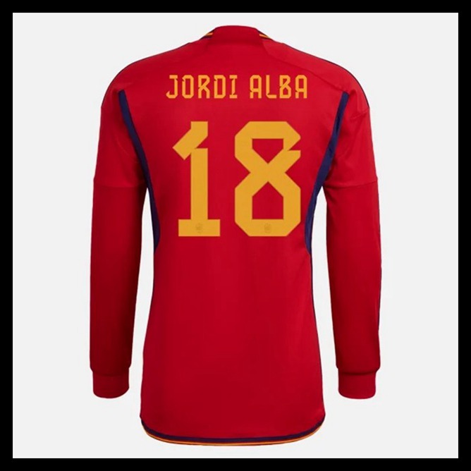 Billige Fodboldtrøjer Spanien VM I Fodbold 2022 JORDI ALBA #18 Lange ærmer Hjemmebanetrøje