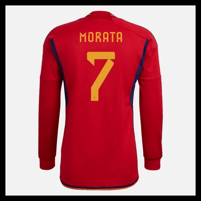Billige Fodboldtrøjer Spanien VM I Fodbold 2022 MORATA #7 Lange ærmer Hjemmebanetrøje